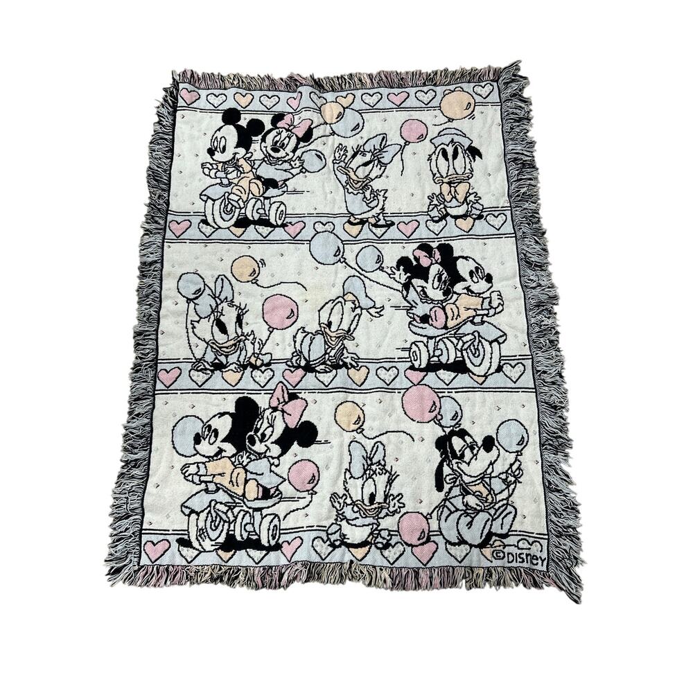 Vintage Disney Mickey Minnie Donald Daisy Goofy Woven Throw Blanket 36x48 Hearts